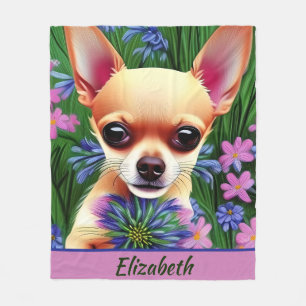 Fawn Chihuahua Puppy in Flower Meadow Personalized Fleece Blanket