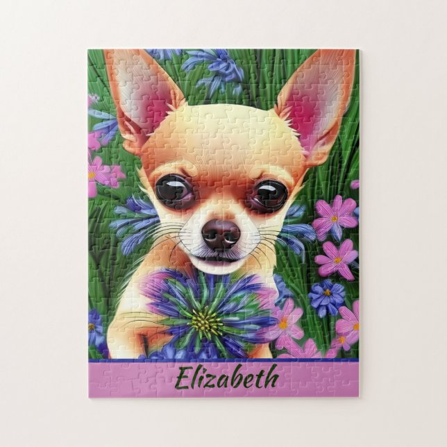 Fawn Chihuahua Puppy in Flower Meadow Personalized Jigsaw Puzzle (Vertical)