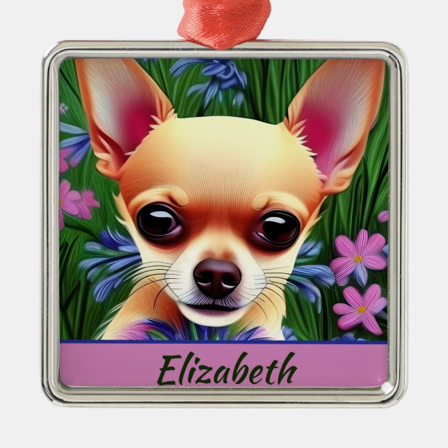 Fawn Chihuahua Puppy in Flower Meadow Personalized Metal Ornament (Front)