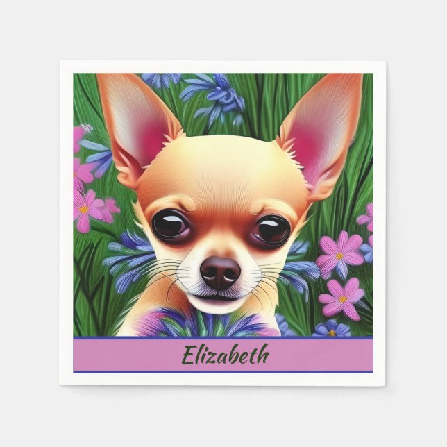 Fawn Chihuahua Puppy in Flower Meadow Personalized Napkin (Front)