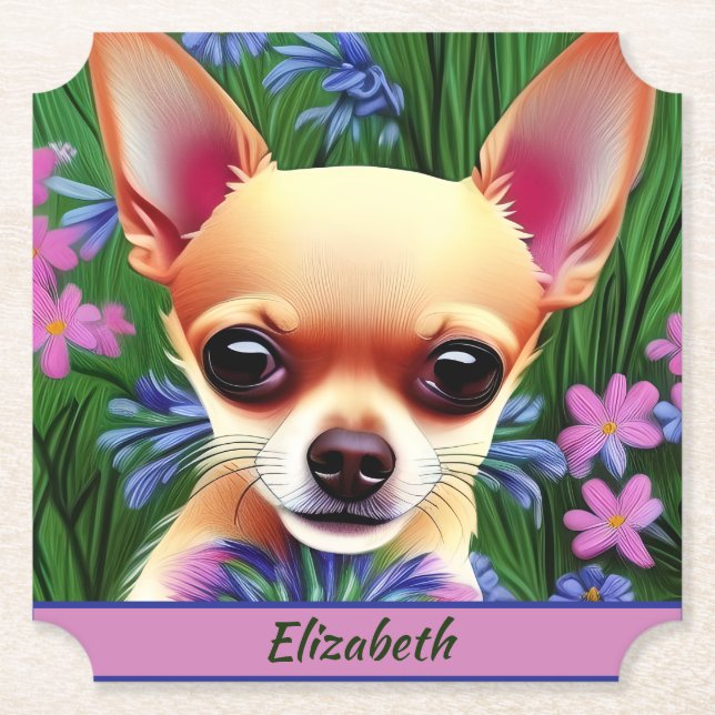 Fawn Chihuahua Puppy in Flower Meadow Personalized Paper Coaster (Front)
