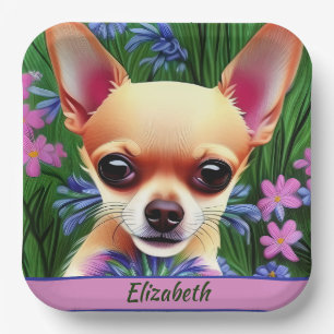 Fawn Chihuahua Puppy in Flower Meadow Personalized Paper Plate