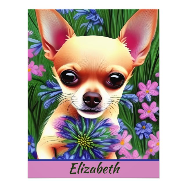 Fawn Chihuahua Puppy in Flower Meadow Personalized Photo Print (Front)