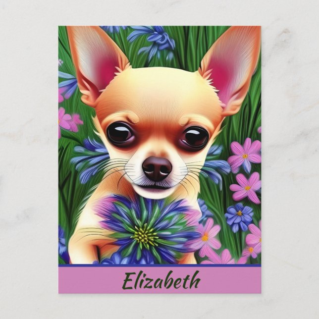 Fawn Chihuahua Puppy in Flower Meadow Personalized Postcard (Front)