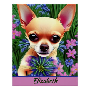 Fawn Chihuahua Puppy in Flower Meadow Personalized Poster