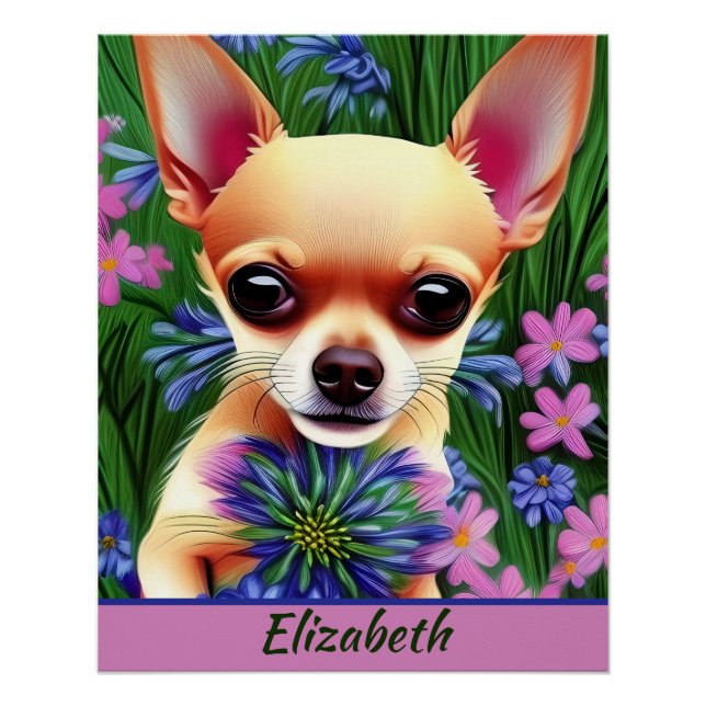 Fawn Chihuahua Puppy in Flower Meadow Personalized Poster (Front)