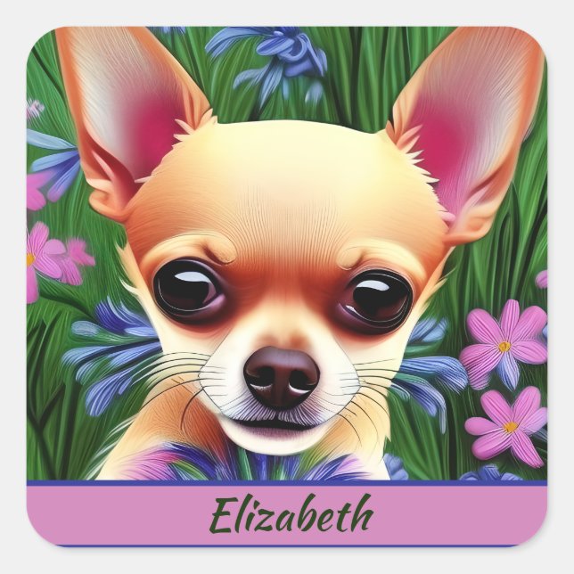 Fawn Chihuahua Puppy in Flower Meadow Personalized Square Sticker (Front)