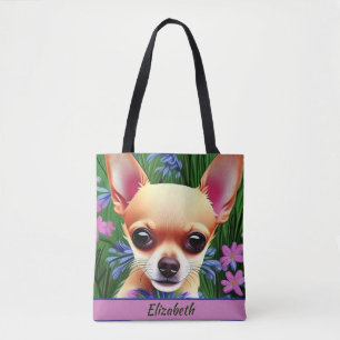 Fawn Chihuahua Puppy in Flower Meadow Personalized Tote Bag