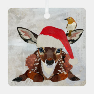 FAWN & GOLDEN BIRD CHRISTMAS METAL ORNAMENT