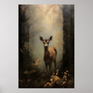 Fawn in Forest Dark Academia, Baby Deer Wall Art
