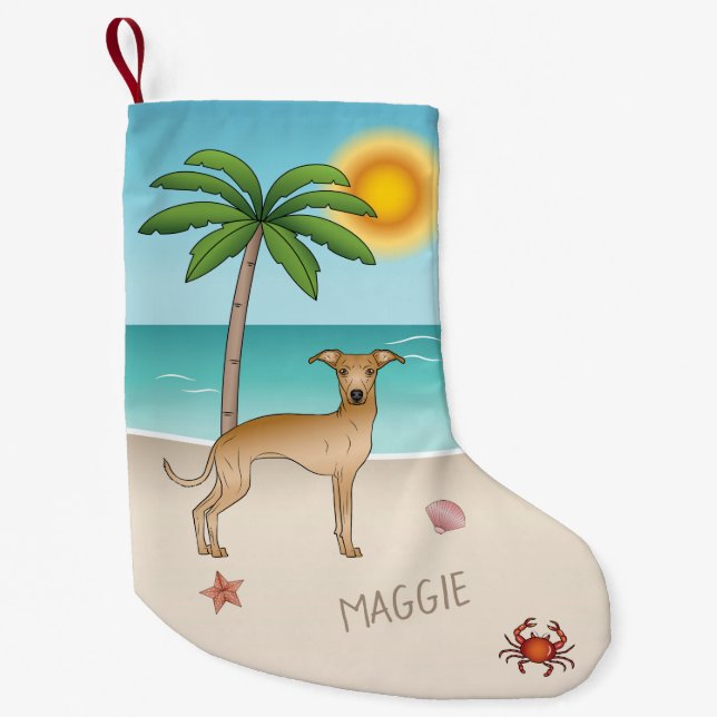 Fawn Italian Greyhound At Tropical Summer Beach Small Christmas Stocking (Front)