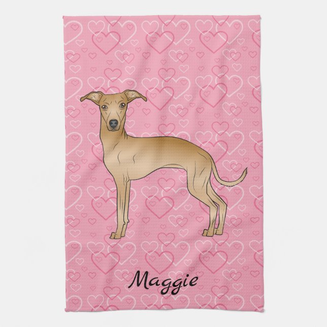 Fawn Italian Greyhound Cute Dog On Pink Hearts Kitchen Towel (Vertical)