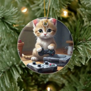 Fawn Kitten Playing Video Games, Ceramic Ornament