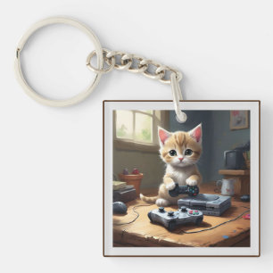 Fawn Kitten Playing Video Games, Keychain
