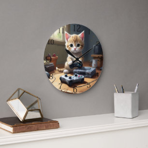 Fawn Kitten Playing Video Games, Large Clock