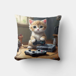 Fawn Kitten Playing Video Games, Throw Pillow