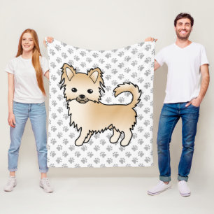 Fawn Long Coat Chihuahua Cartoon Dog & Paws Fleece Blanket