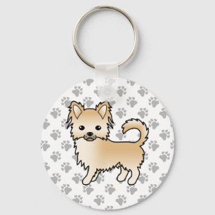 Fawn Long Coat Chihuahua Cartoon Dog & Paws Keychain