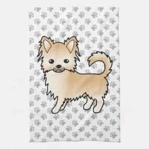 Fawn Long Coat Chihuahua Cartoon Dog & Paws Kitchen Towel