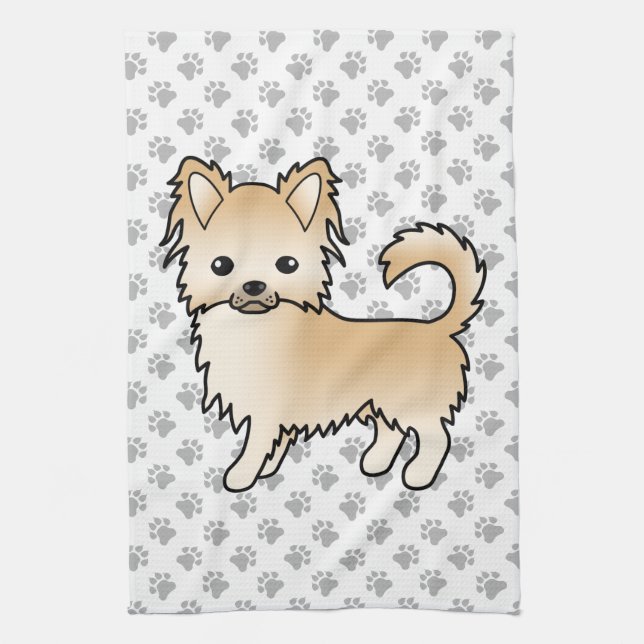 Fawn Long Coat Chihuahua Cartoon Dog & Paws Kitchen Towel (Vertical)
