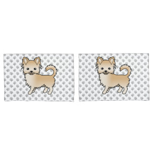 Fawn Long Coat Chihuahua Cartoon Dog & Paws Pillowcase