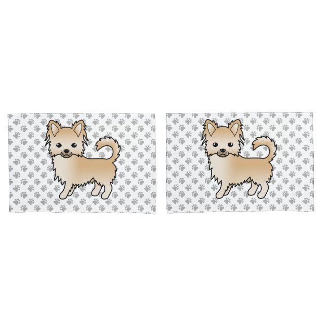 Fawn Long Coat Chihuahua Cartoon Dog & Paws Pillowcase (Front-Set)