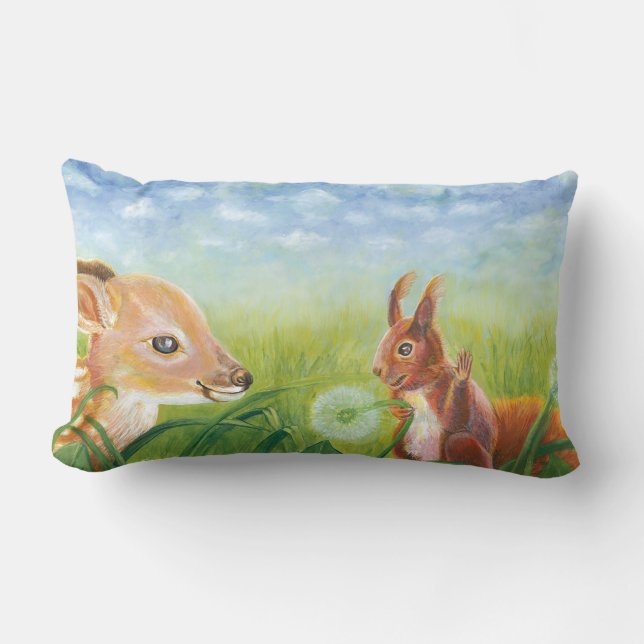 Fawn lying in the grass and Squirrel Lumbar Pillow (Front)