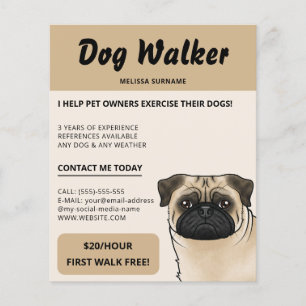 Fawn Pug Beige Dog Walker Dog Walking Pet Service Flyer