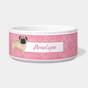 Fawn Pug Cartoon Mops On Pink Hearts With Name