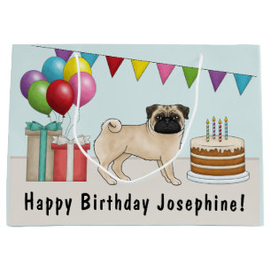 Fawn Pug Cute Cartoon Dog Colourful Birthday Large Gift Bag