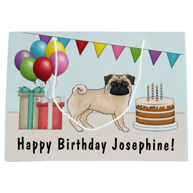 Fawn Pug Cute Cartoon Dog Colourful Birthday Large Gift Bag (Front)