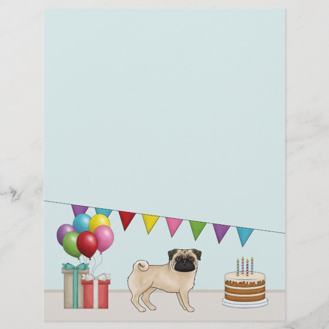 Fawn Pug Cute Cartoon Dog Colourful Birthday Letterhead (Front)