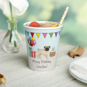 Fawn Pug Cute Cartoon Dog Colourful Birthday Paper Cups