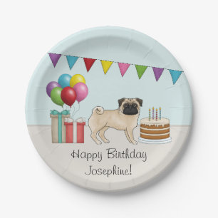 Fawn Pug Cute Cartoon Dog Colourful Birthday Paper Plate