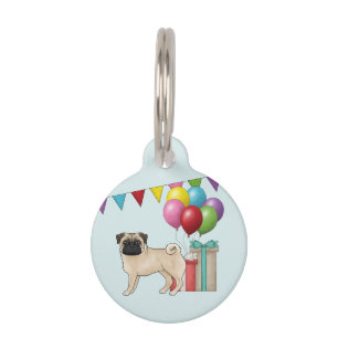 Fawn Pug Cute Cartoon Dog Colourful Birthday Pet Tag