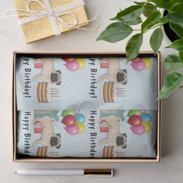 Fawn Pug Cute Cartoon Dog Colourful Birthday Tissue Paper (Gift)