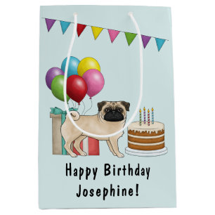Fawn Pug Cute Cartoon Dog Colourful Happy Birthday Medium Gift Bag
