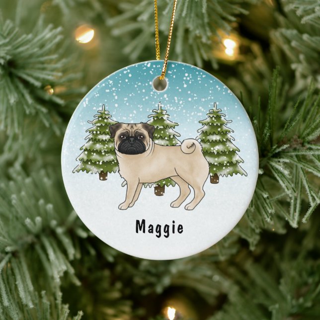 Fawn Pug Cute Cartoon Dog In Blue Winter Forest Ceramic Ornament (Tree)