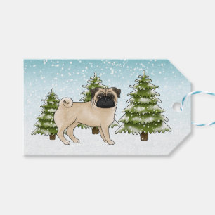 Fawn Pug Cute Cartoon Dog Snowy Winter Forest Gift Tags