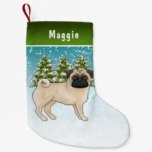 Fawn Pug Cute Cartoon Dog Snowy Winter Forest Small Christmas Stocking