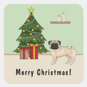 Fawn Pug Cute Cartoon Dog With A Christmas Tree Square Sticker
