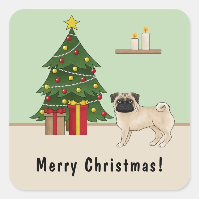 Fawn Pug Cute Cartoon Dog With A Christmas Tree Square Sticker (Front)