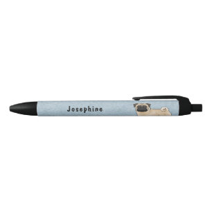 Fawn Pug Cute Cartoon Dog With Custom Name Blue Black Ink Pen