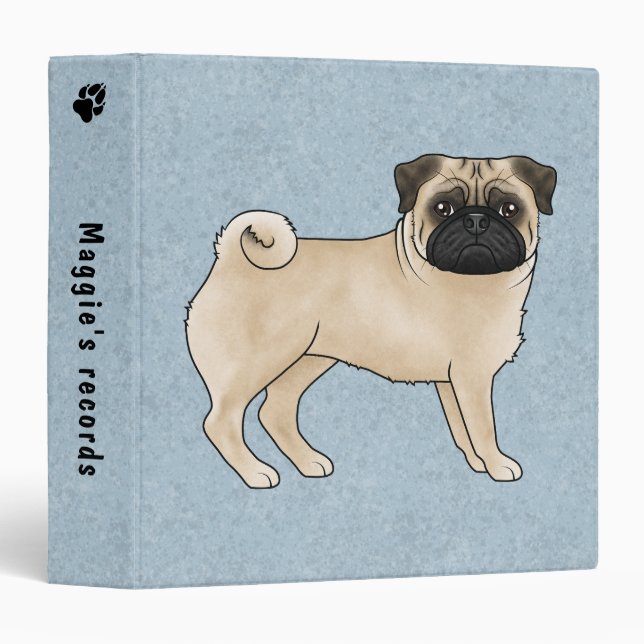 Fawn Pug Cute Cartoon Dog With Custom Text Blue Binder (Front/Spine)