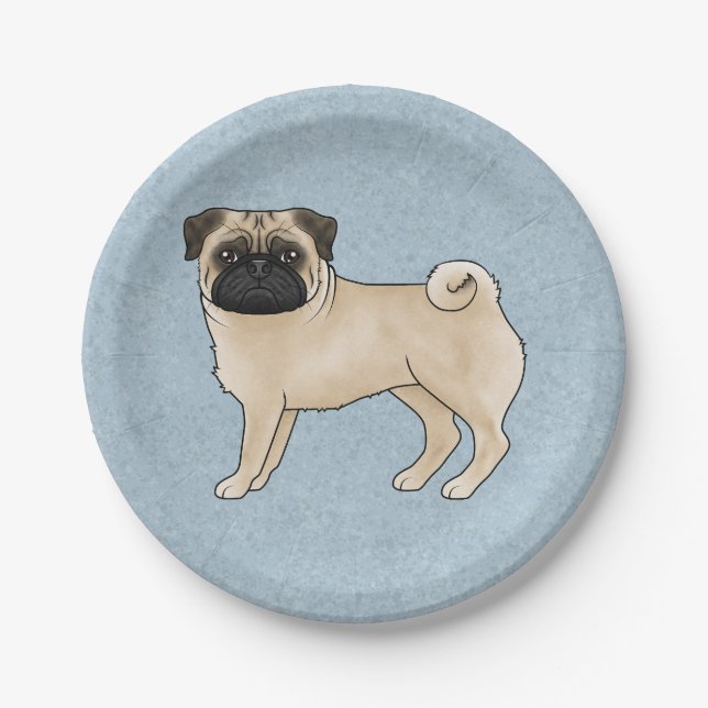 Fawn Pug Dog Breed Cute Cartoon Illustration Blue Paper Plate (Front)