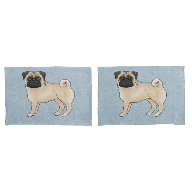 Fawn Pug Dog Canine Cute Cartoon Illustration Blue Pillowcase (Front-Set)