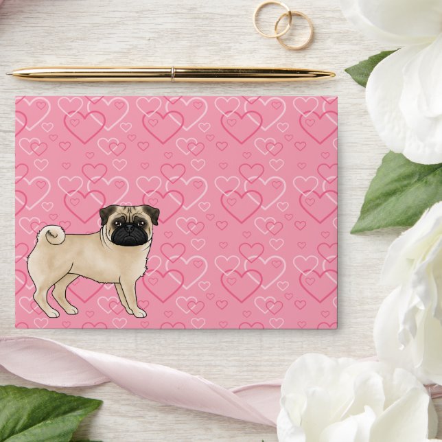 Fawn Pug Dog Cartoon Mops Love Heart Pattern Pink Envelope (Wedding)