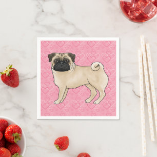 Fawn Pug Dog Cartoon Mops Love Heart Pattern Pink Napkin