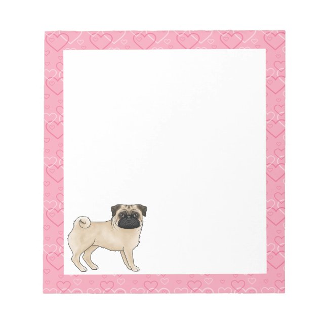 Fawn Pug Dog Cartoon Mops Love Heart Pattern Pink Notepad (Front)