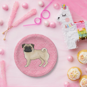 Fawn Pug Dog Cartoon Mops Love Heart Pattern Pink Paper Plate
